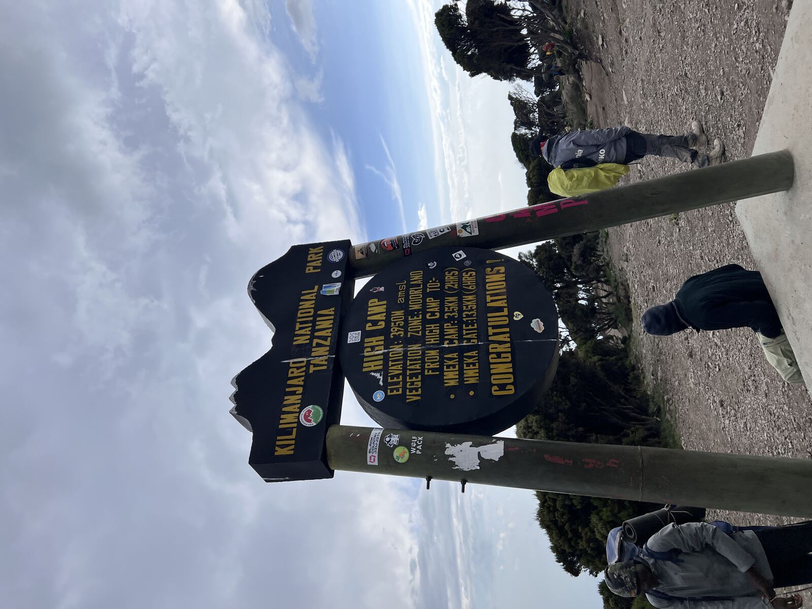 High Camp 告示牌,標示往 Mweka Camp 與 Mweka Gate 的距離